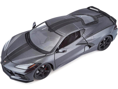 2020 Chevrolet Corvette Stingray C8 Dark Gray Metallic with Racing Stripes 1/18 Diecast Model Car