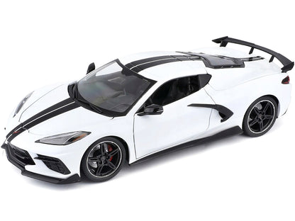 2020 Chevrolet Corvette Stingray C8 Coupe with High Wing White with Black Stripes 1/18 Diecast Model Car