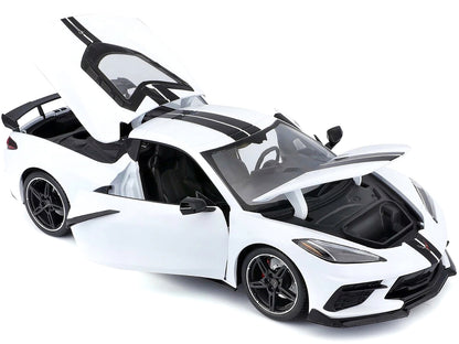 2020 Chevrolet Corvette Stingray C8 Coupe with High Wing White with Black Stripes 1/18 Diecast Model Car