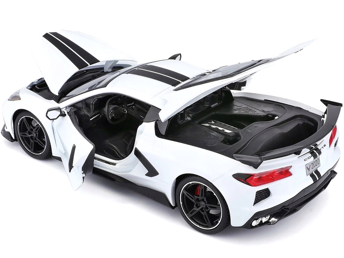 2020 Chevrolet Corvette Stingray C8 Coupe with High Wing White with Black Stripes 1/18 Diecast Model Car