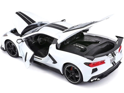 2020 Chevrolet Corvette Stingray C8 Coupe with High Wing White with Black Stripes 1/18 Diecast Model Car