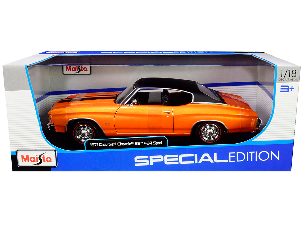 1971 Chevrolet Chevelle SS 454 Sport Orange Metallic with Black Top and Black Stripes 1/18 Diecast Model Car
