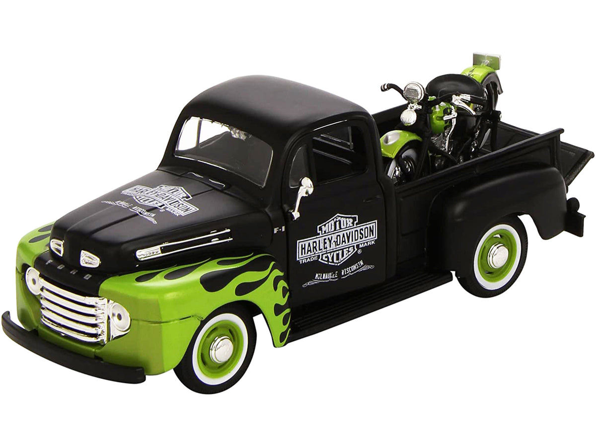 1948 Ford F-1 Pickup Truck "Harley Davidson" with 1948 Harley Davidson FL Panhead Motorcycle Black and Green 1/24 Diecast Models