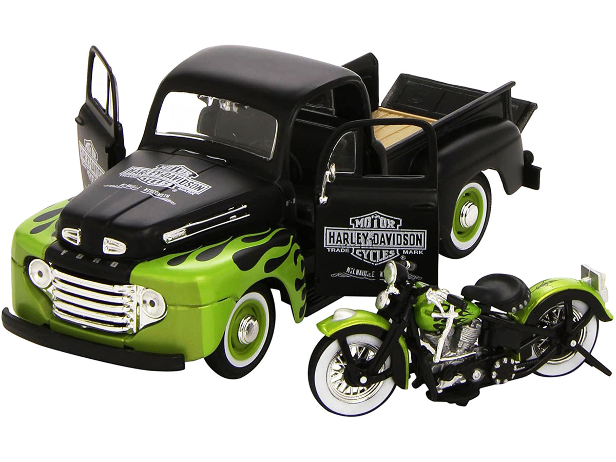 1948 Ford F-1 Pickup Truck "Harley Davidson" with 1948 Harley Davidson FL Panhead Motorcycle Black and Green 1/24 Diecast Models