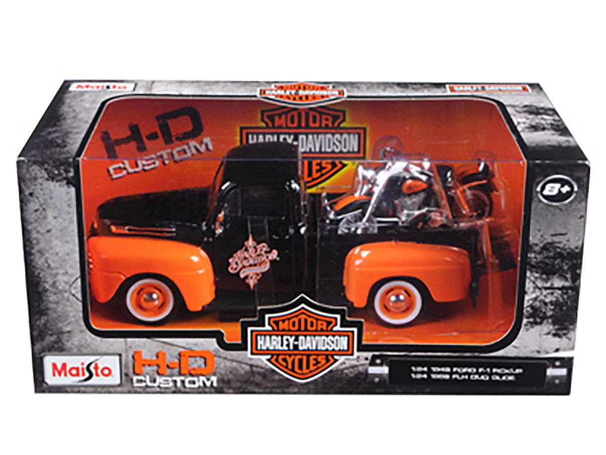 1948 Ford F-1 Pickup Truck with 1958 Harley Davidson FLH Duo Glide Motorcycle Orange and Black 1/24 Diecast Models