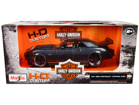 1968 Chevrolet Camaro Z/28 Dark Gray Metallic with Black and Orange Stripes "Harley Davidson" "H-D Custom" 1/24 Diecast Model Car
