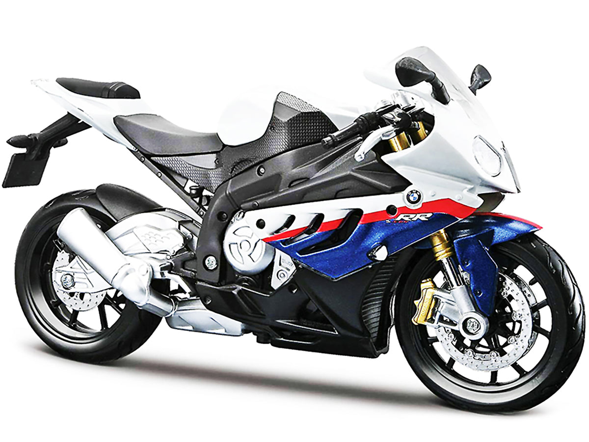 BMW S 1000 RR White with Blue and Red Stripes with Plastic Display Stand 1/12 Diecast Motorcycle Model
