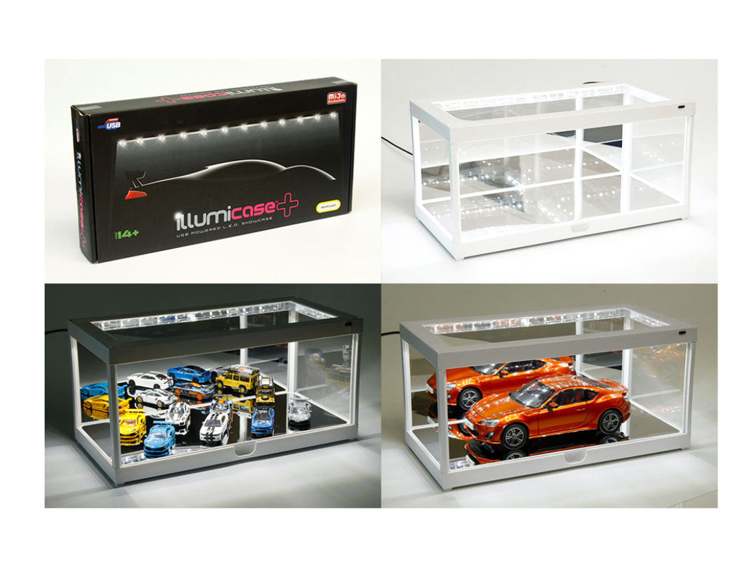 White Collectible Display Show Case Illumicase+ with LED Lights and Mirror Base and Back for 1/64 1/43 1/32 1/24 1/18 Scale Models