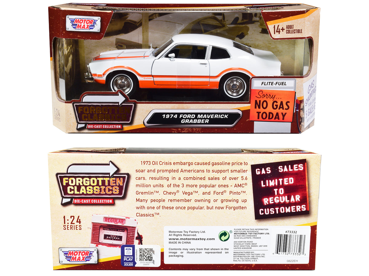 1974 Ford Maverick Grabber White with Orange Stripes "Forgotten Classics" Series 1/24 Diecast Model Car