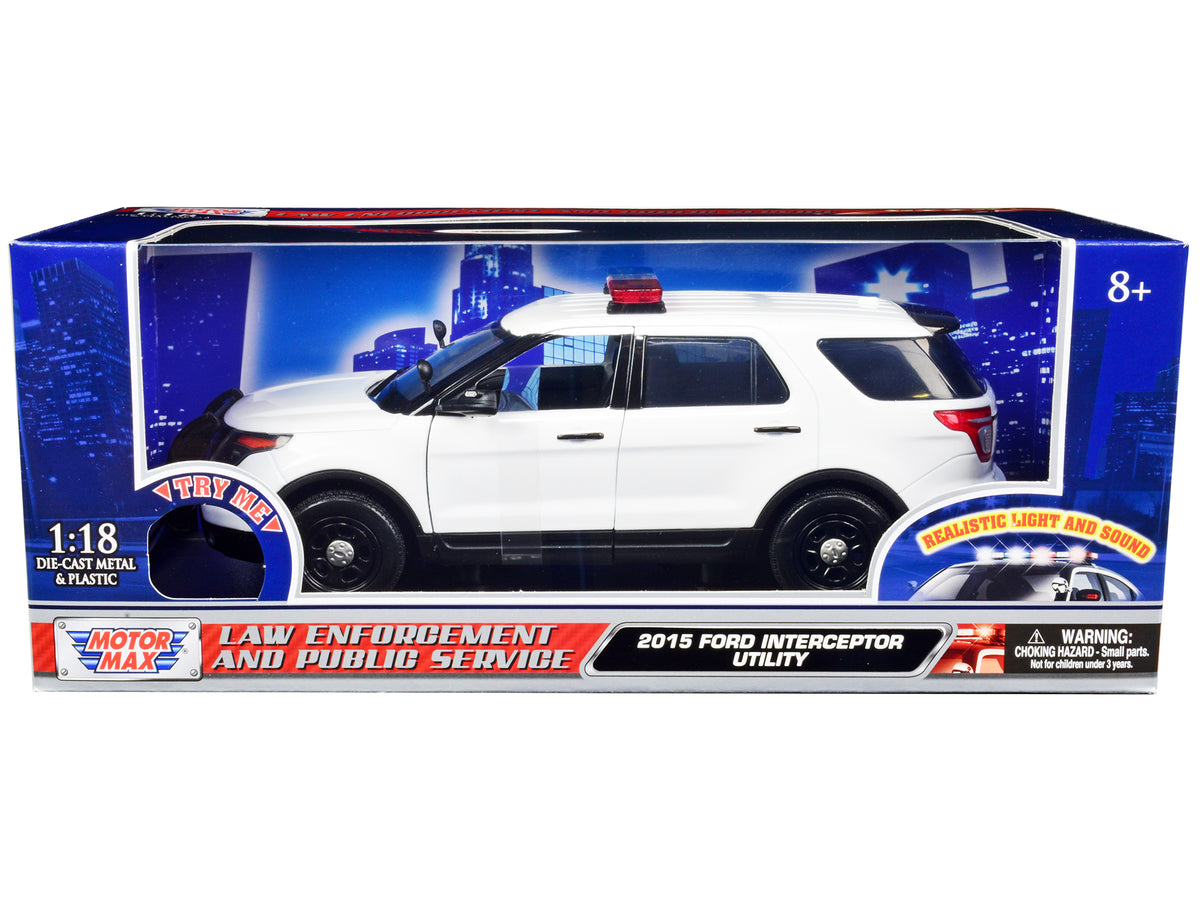 2015 Ford Police Interceptor Utility White with Flashing Light Bar and Front and Rear Lights and 2 Sounds 1/18 Diecast Model Car