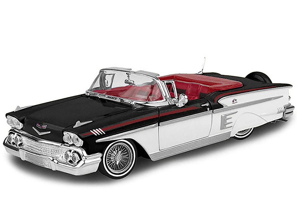1958 Chevrolet Impala Convertible Lowrider Black and White with Red Interior "Get Low" Series 1/24 Diecast Model Car