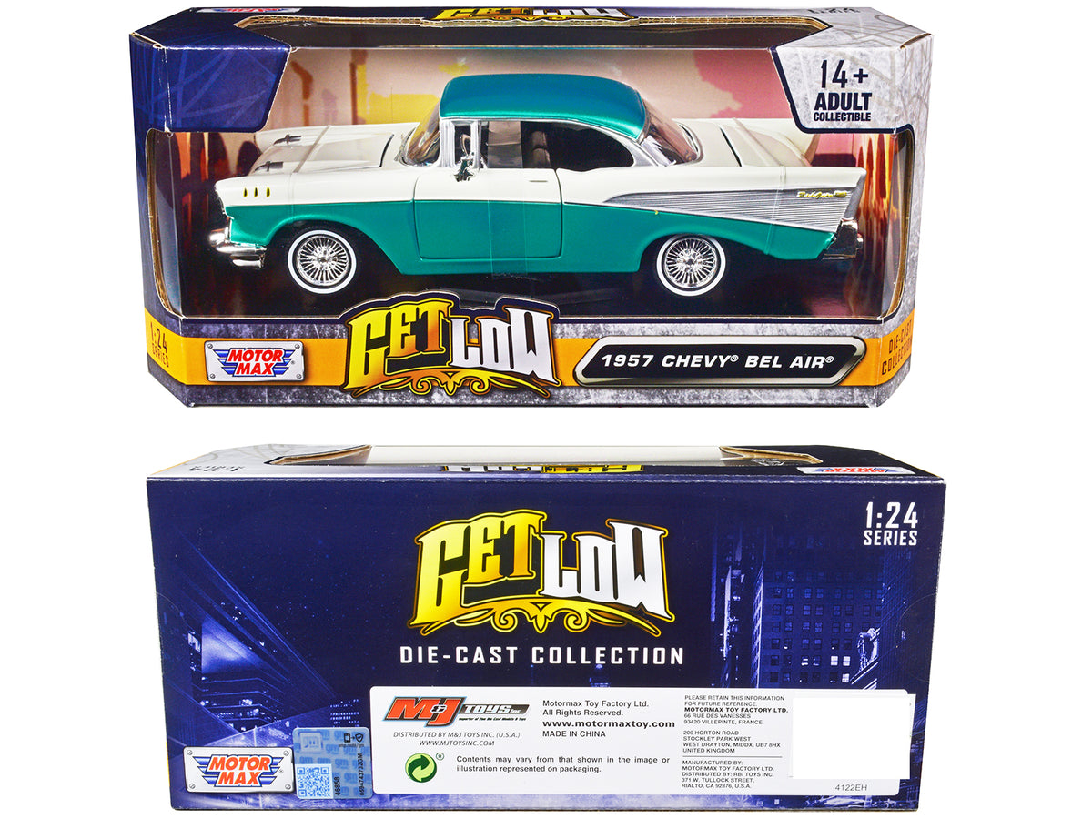 1957 Chevrolet Bel Air Lowrider Turquoise Metallic and White "Get Low" Series 1/24 Diecast Model Car
