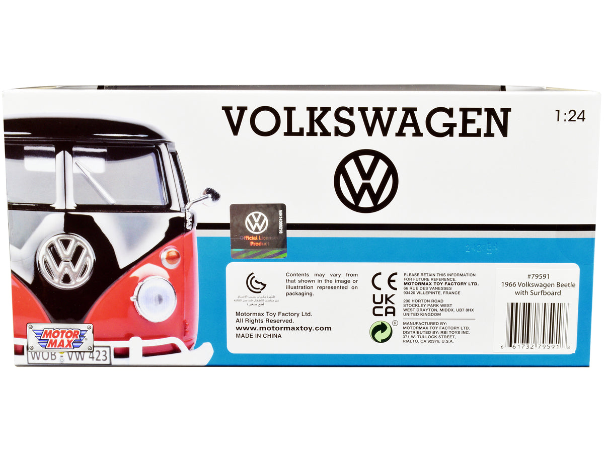 1966 Volkswagen Beetle Black with Wood Panels and Two Surfboards on Roof Rack 1/24 Diecast Model Car