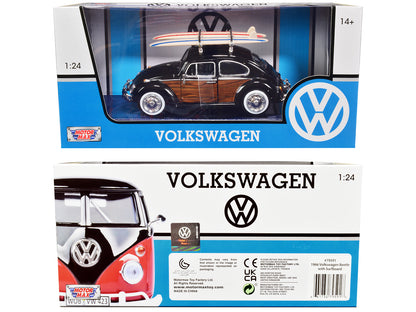 1966 Volkswagen Beetle Black with Wood Panels and Two Surfboards on Roof Rack 1/24 Diecast Model Car
