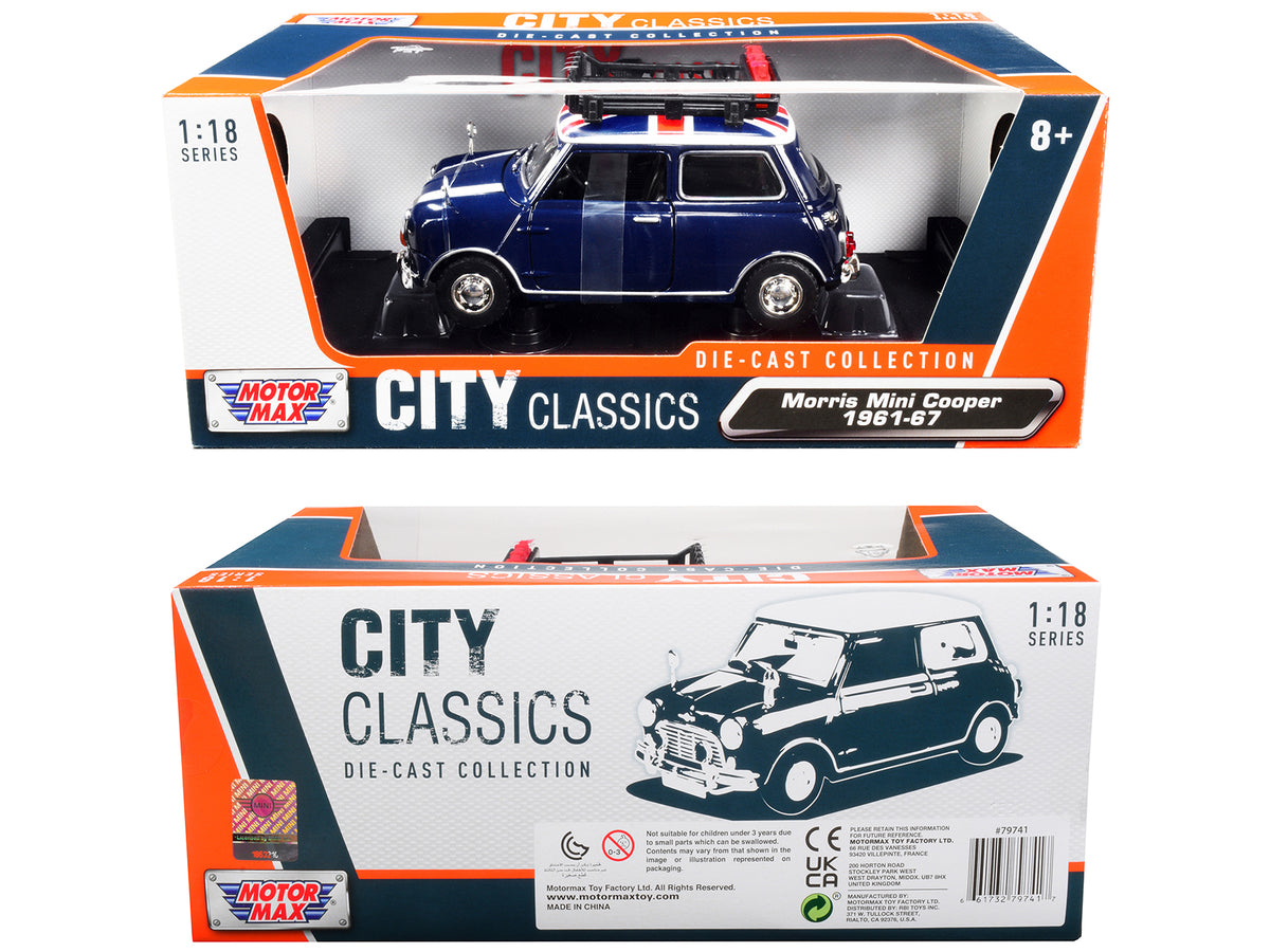 1961-1967 Morris Mini Cooper RHD (Right Hand Drive) Dark Blue with British Flag on the Top and Roof Rack "City Classics" Series 1/18 Diecast Model Car