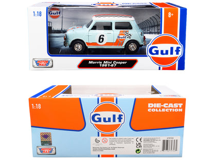 1961-1967 Morris Mini Cooper RHD (Right Hand Drive) #6 "Gulf Oil" Light Blue with Orange Stripes and Checkered Top "City Classics" Series 1/18 Diecast Model Car