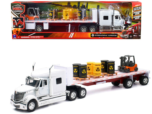 International Lonestar Flatbed Truck White with 6 Toxic Barrels 3 Pallets and Forklift "Long Haul Trucker" Series 1/32 Diecast Model