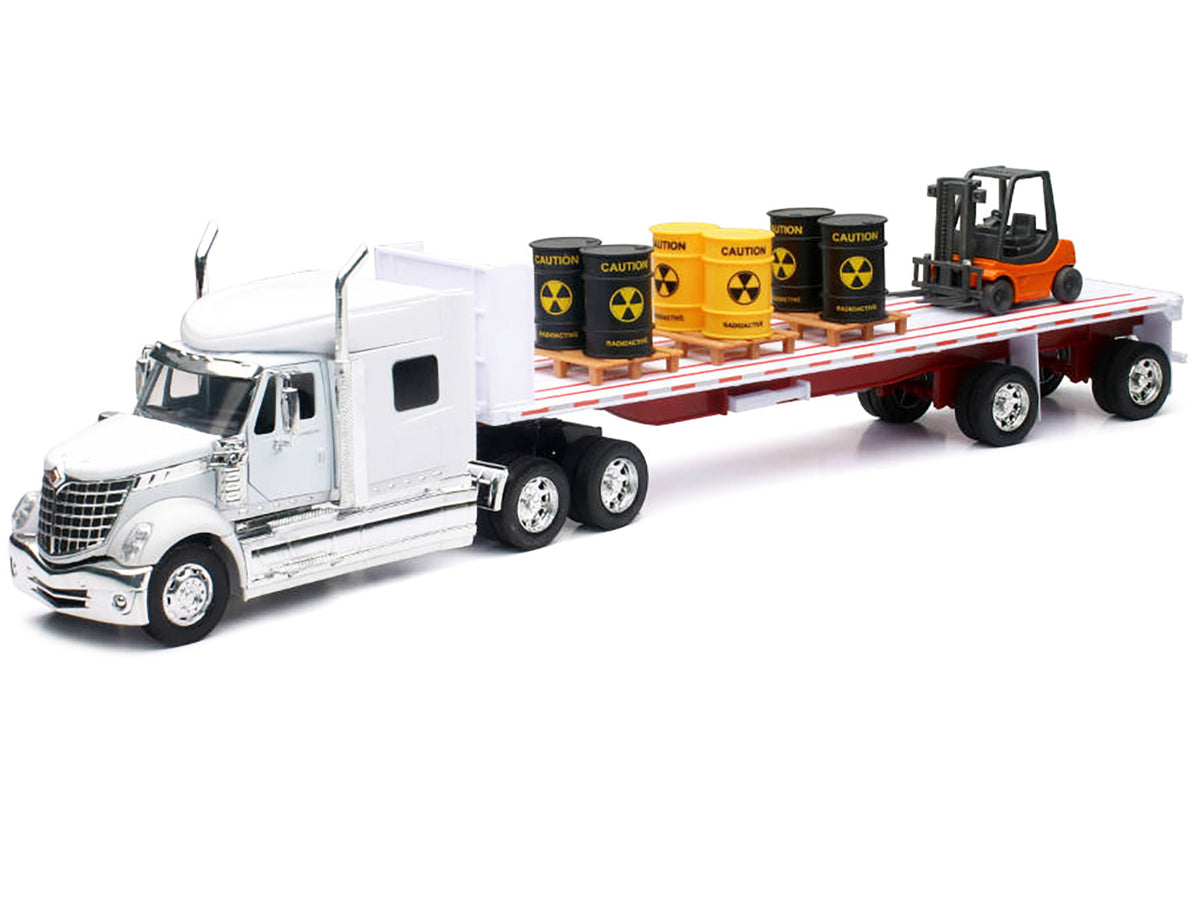 International Lonestar Flatbed Truck White with 6 Toxic Barrels 3 Pallets and Forklift "Long Haul Trucker" Series 1/32 Diecast Model