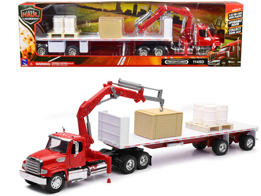 Freightliner 114SD Flatbed Truck with Crane Red with Accessories "Long Haul Trucker" Series 1/32 Diecast Model