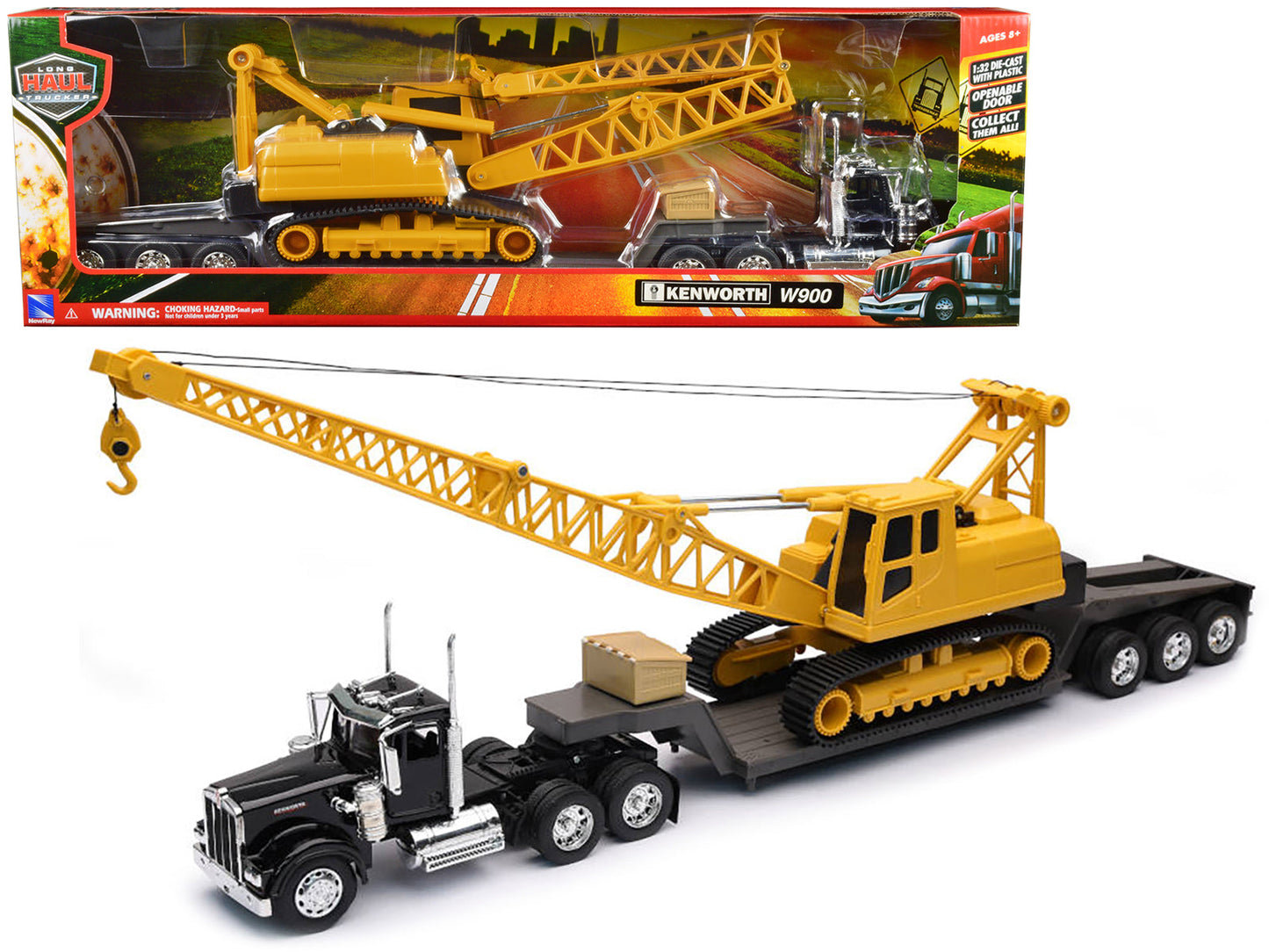 Kenworth W900 Truck with Lowboy Trailer Black and Crane Yellow "Long Haul Trucker" Series 1/32 Diecast Model