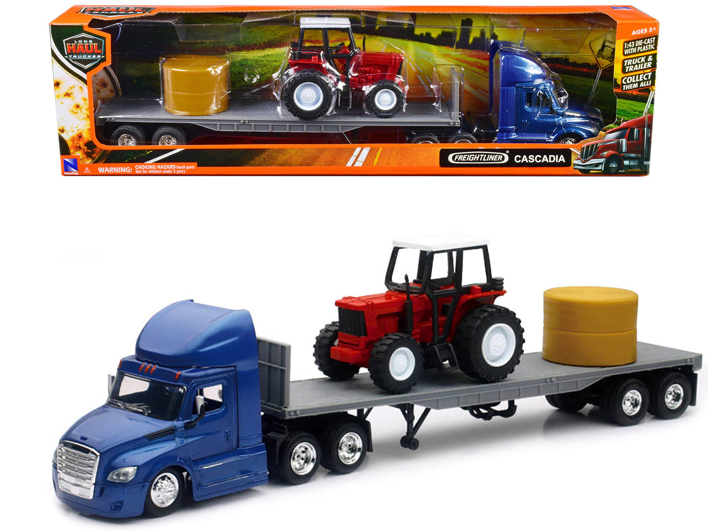 Freightliner Cascadia with Flatbed Trailer Blue with Farm Tractor Red and Hay Bales "Long Haul Trucker" Series 1/43 Diecast Model