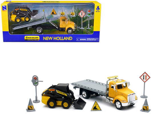 Peterbilt Roll-Off Flatbed Truck Yellow and New Holland L228 Skid Steer Yellow with Road Signs "New Holland Construction" Series 1/43 Diecast Model
