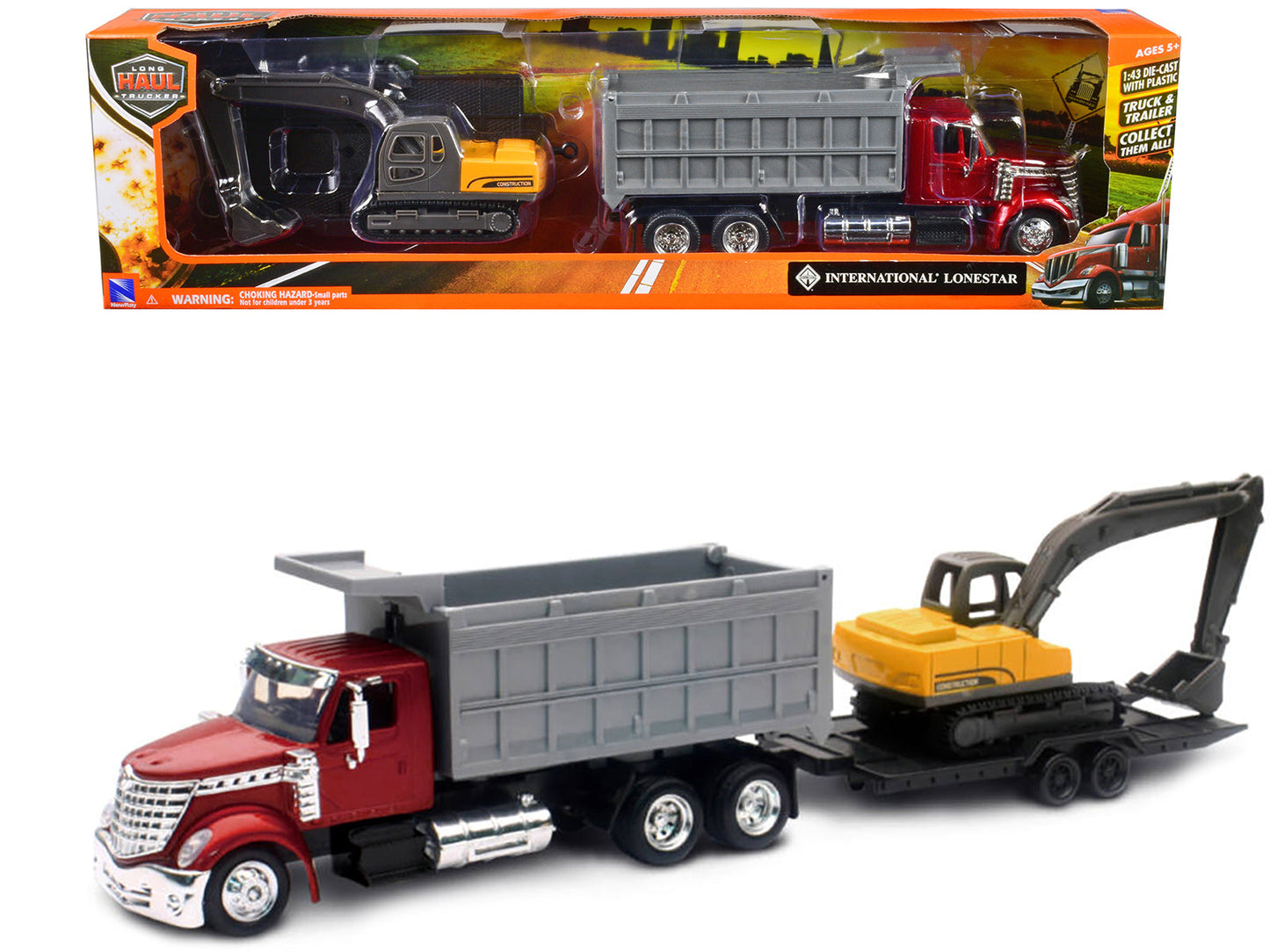 International Lonestar Dump Truck Red and Tracked Excavator Yellow with Flatbed Trailer "Long Haul Truckers" Series 1/43 Diecast Model