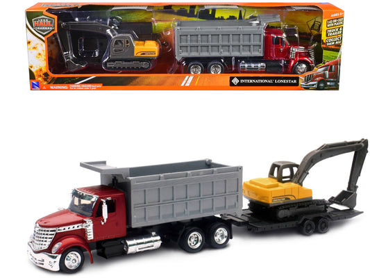 International Lonestar Dump Truck Red and Tracked Excavator Yellow with Flatbed Trailer "Long Haul Truckers" Series 1/43 Diecast Model