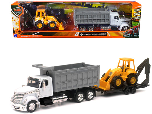 International Lonestar Dump Truck White and Wheel Loader Yellow with Flatbed Trailer "Long Haul Truckers" Series 1/43 Diecast Model