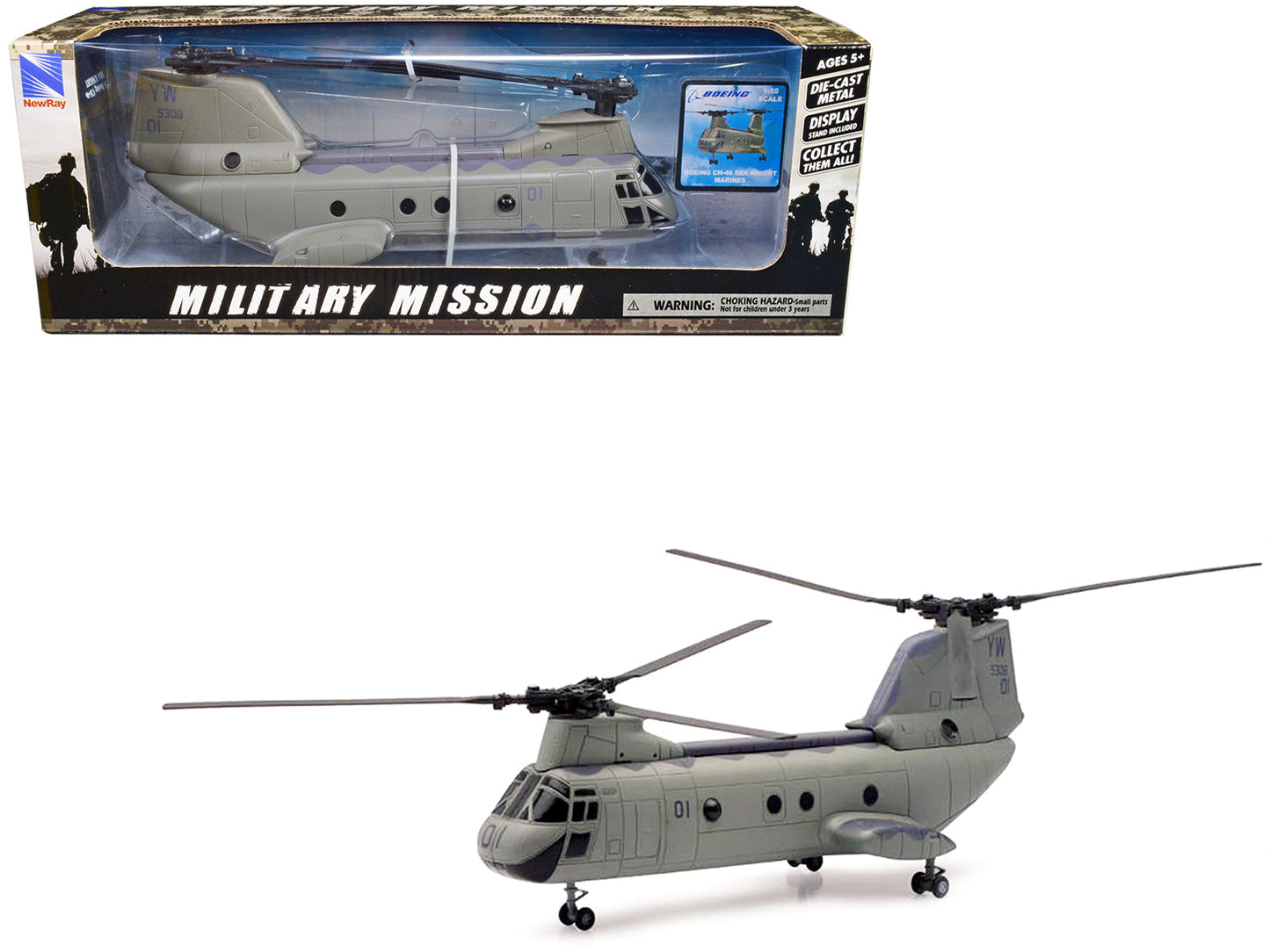 Boeing CH-46 Sea Knight Helicopter Olive Drab "United States Marines" "Military Mission" Series 1/55 Diecast Model