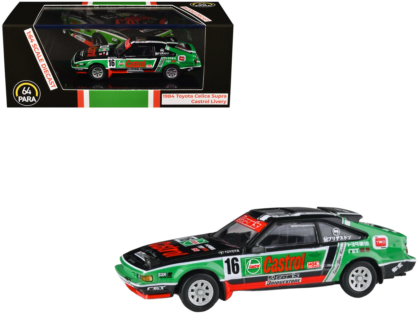 1984 Toyota Celica Supra #16 "Castrol Livery" Black and Green with Graphics 1/64 Diecast Model Car