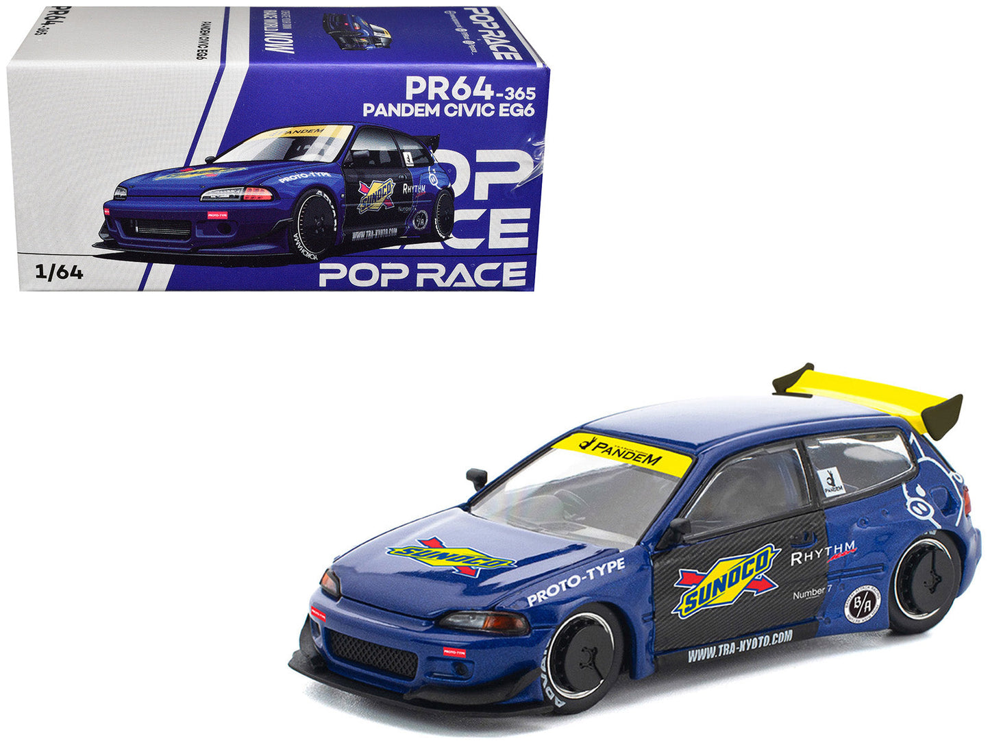 Pandem Civic EG6 RHD (Right Hand Drive) "Sunoco" Blue Metallic with Yellow Accents 1/64 Diecast Model Car