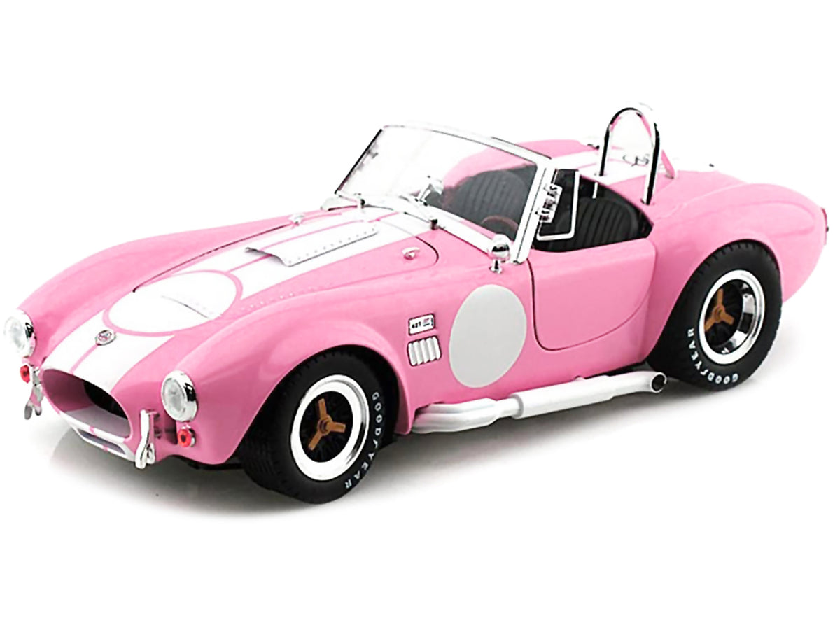 1965 Shelby Cobra 427 S/C Pink with White Stripes with Printed Carroll Shelby Signature's on the Trunk 1/18 Diecast Model Car