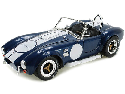 1965 Shelby Cobra 427 S/C Dark Blue Metallic with White Stripes with Printed Carroll Shelby's Signature on the Trunk 1/18 Diecast Model Car