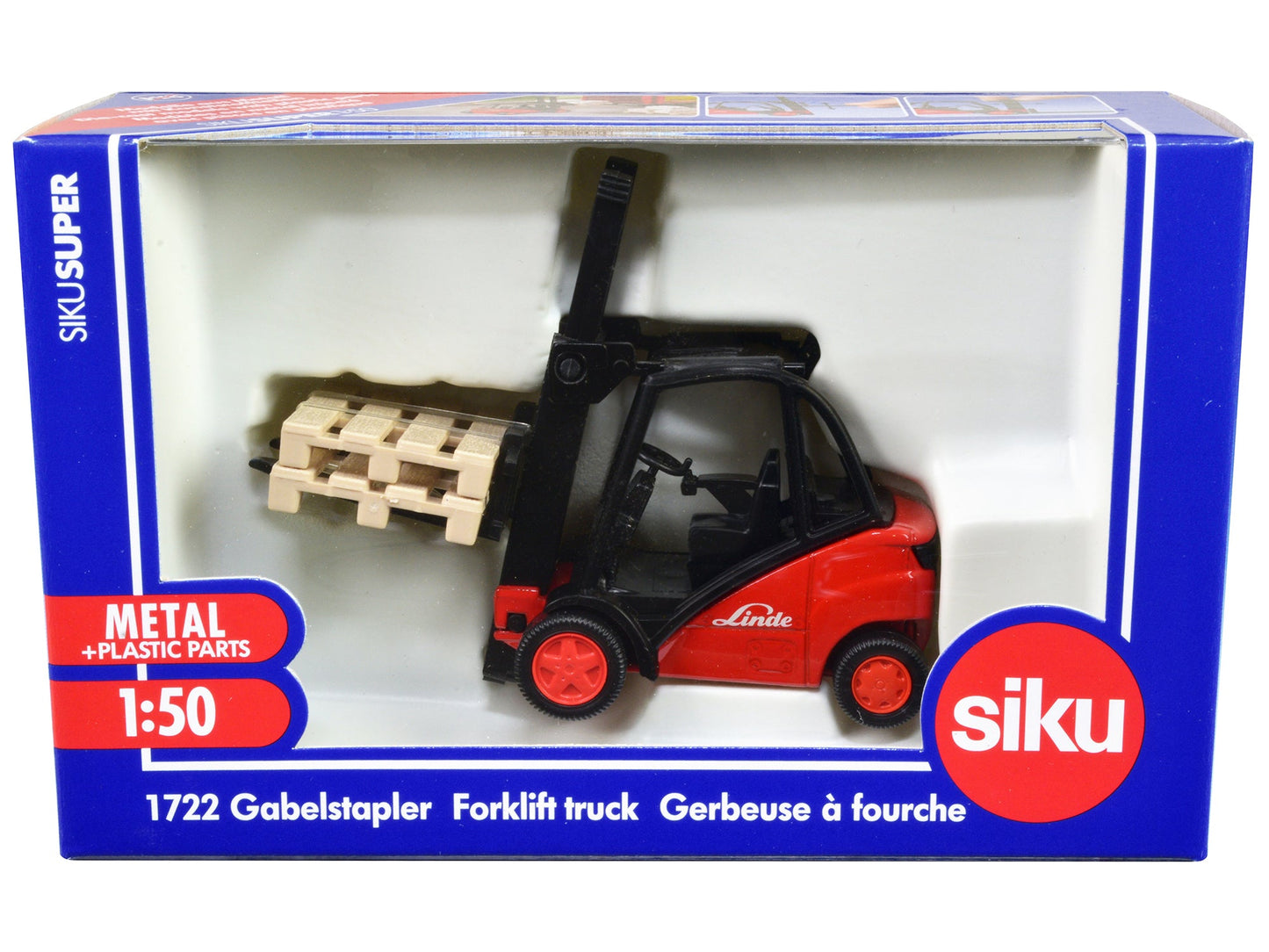 Linde Forklift Truck Red with 2 Pallet Accessories 1/50 Diecast Model
