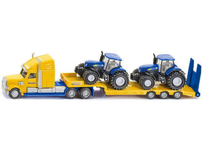 Tractor Truck Yellow with 2 New Holland T7070 Tractors Blue 1/87 (HO) Diecast Models