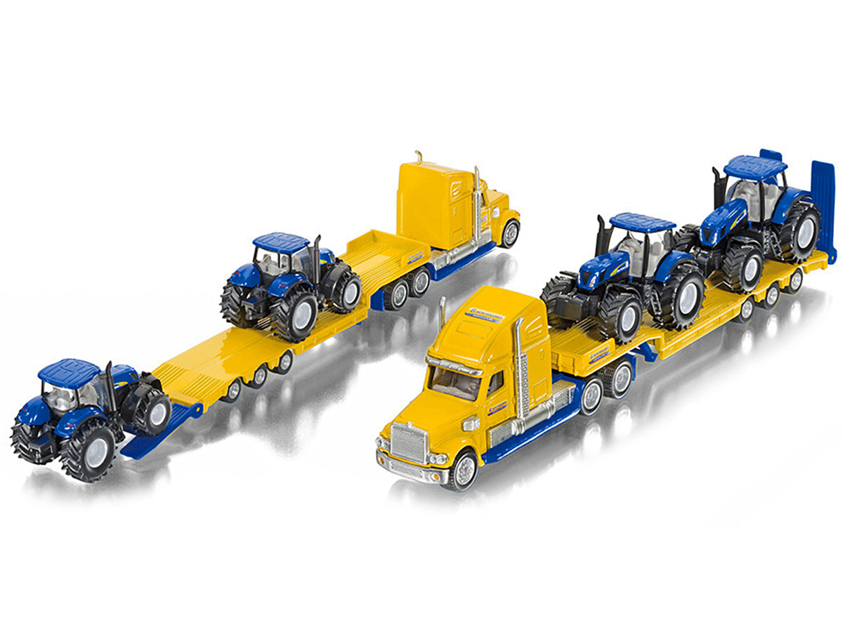 Tractor Truck Yellow with 2 New Holland T7070 Tractors Blue 1/87 (HO) Diecast Models