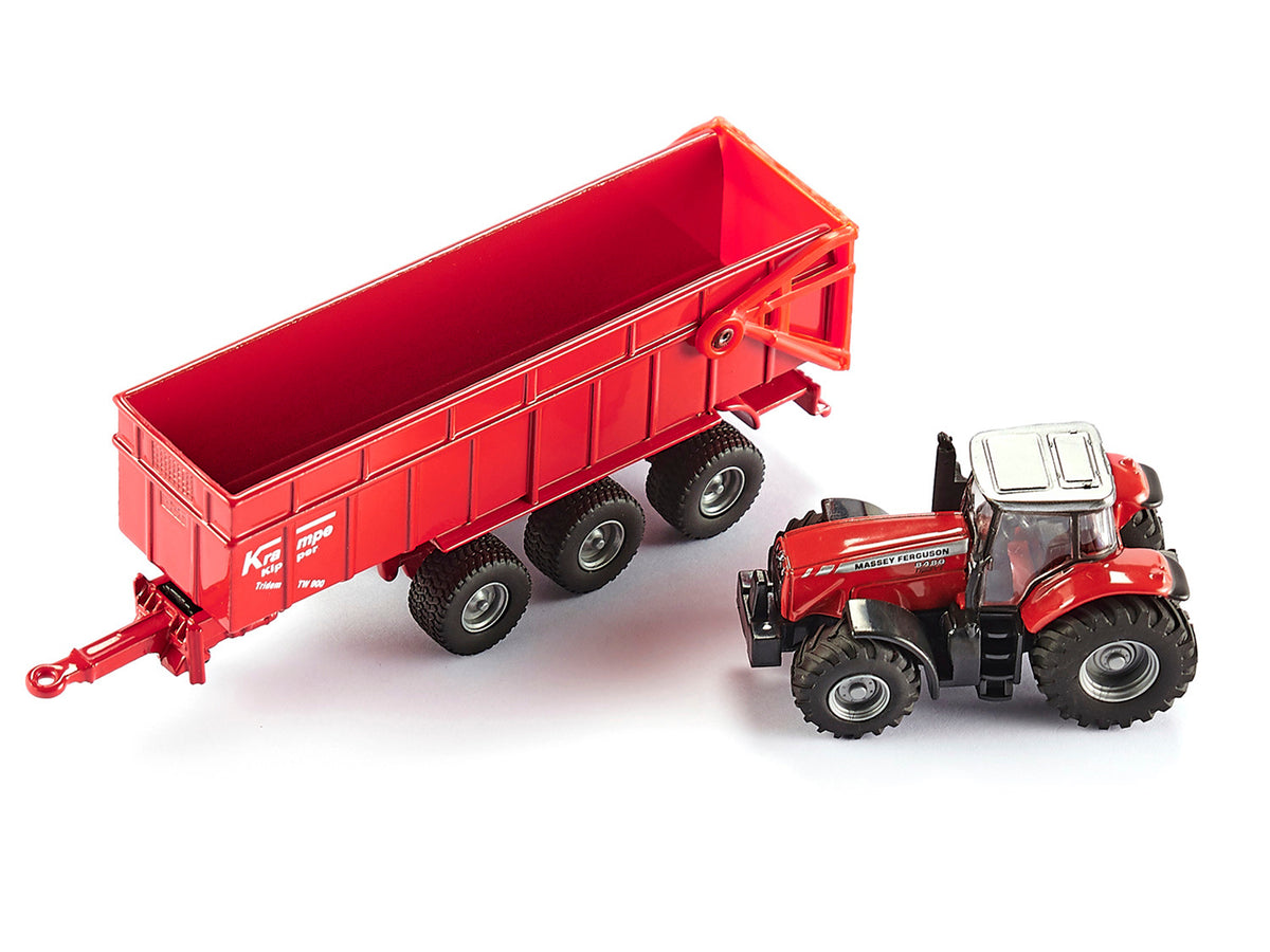 Massey Ferguson 8480 Dyna VT Tractor Red with Silver Top and Krampe Dump Trailer Red 1/87 (HO) Diecast Models