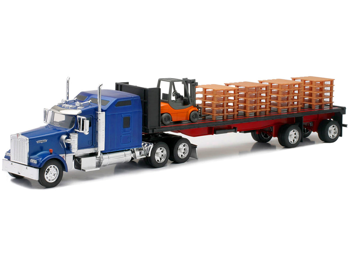 Kenworth W900 Truck with Flatbed Trailer Blue with Forklift and Pallets "Long Haul Truckers" Series 1/32 Diecast Model