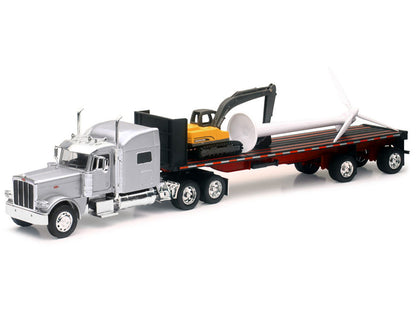 Peterbilt 389 Truck with Flatbed Trailer Silver Metallic with Excavator and Wind Turbine "Long Haul Truckers" Series 1/32 Diecast Model