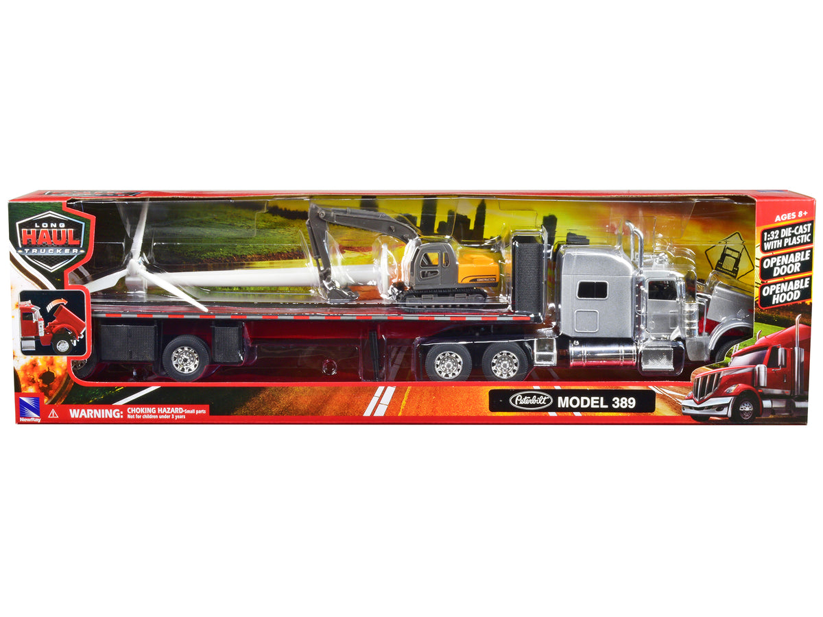 Peterbilt 389 Truck with Flatbed Trailer Silver Metallic with Excavator and Wind Turbine "Long Haul Truckers" Series 1/32 Diecast Model