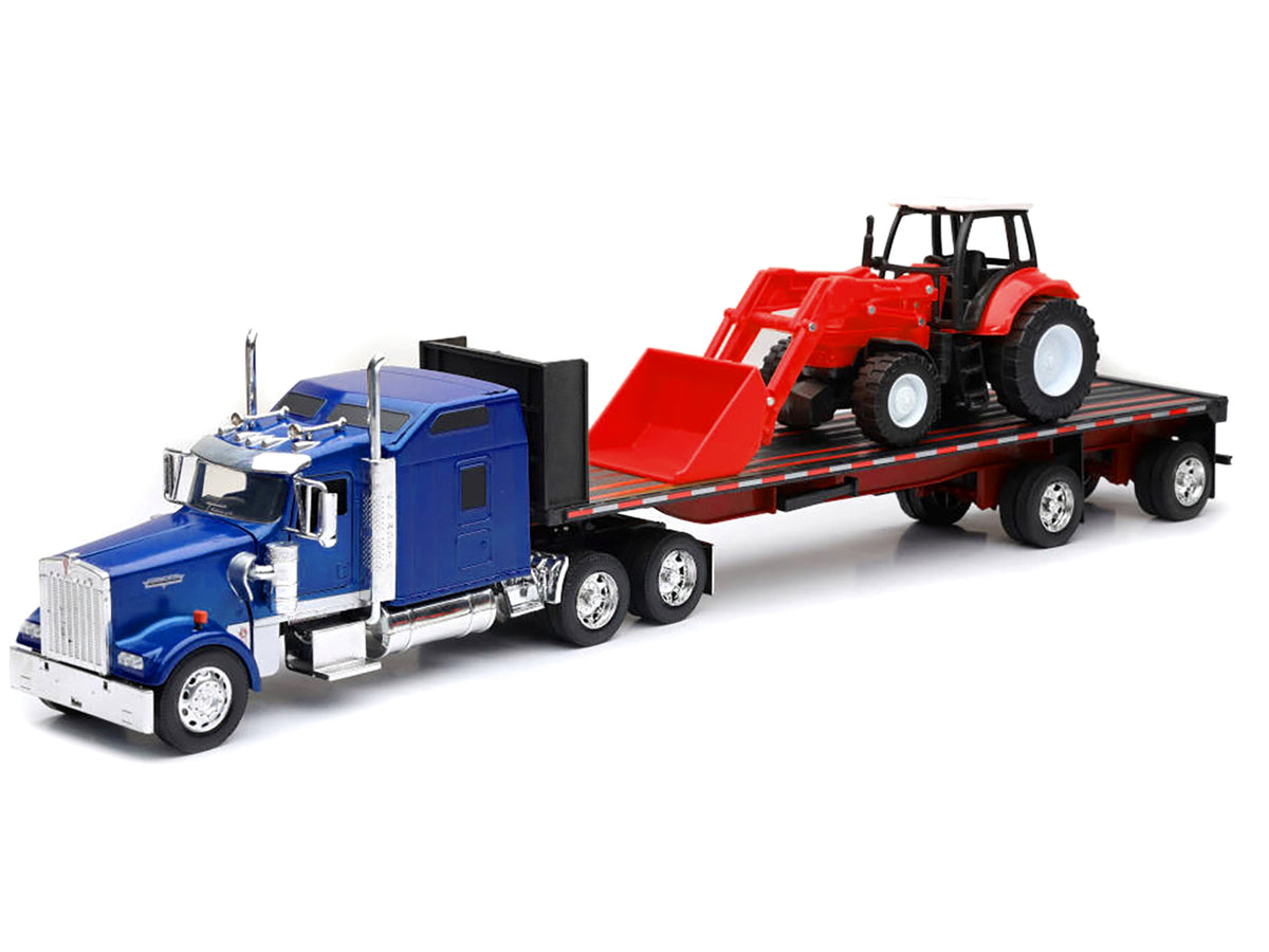 Kenworth W900 Truck with Flatbed Trailer Blue Metallic with Farm Tractor Red "Long Haul Truckers" Series 1/32 Diecast Model