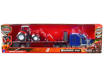 Kenworth W900 Truck with Flatbed Trailer Blue Metallic with Farm Tractor Red "Long Haul Truckers" Series 1/32 Diecast Model