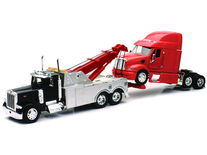 Peterbilt 379 Tow Truck Black with Peterbilt 387 Truck Tractor Red Set of 2 pieces 1/32 Diecast Model