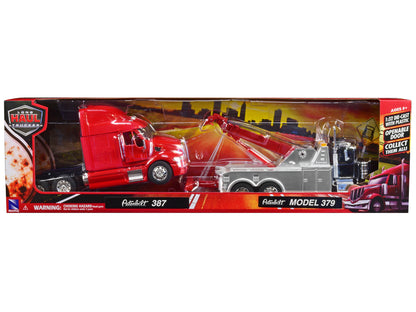 Peterbilt 379 Tow Truck Black with Peterbilt 387 Truck Tractor Red Set of 2 pieces 1/32 Diecast Model