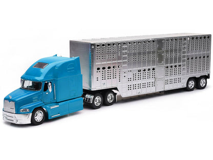 Mack Pinnacle Truck with Pot Belly Livestock Trailer Blue and Chrome "Long Haul Truckers" Series 1/32 Diecast Model