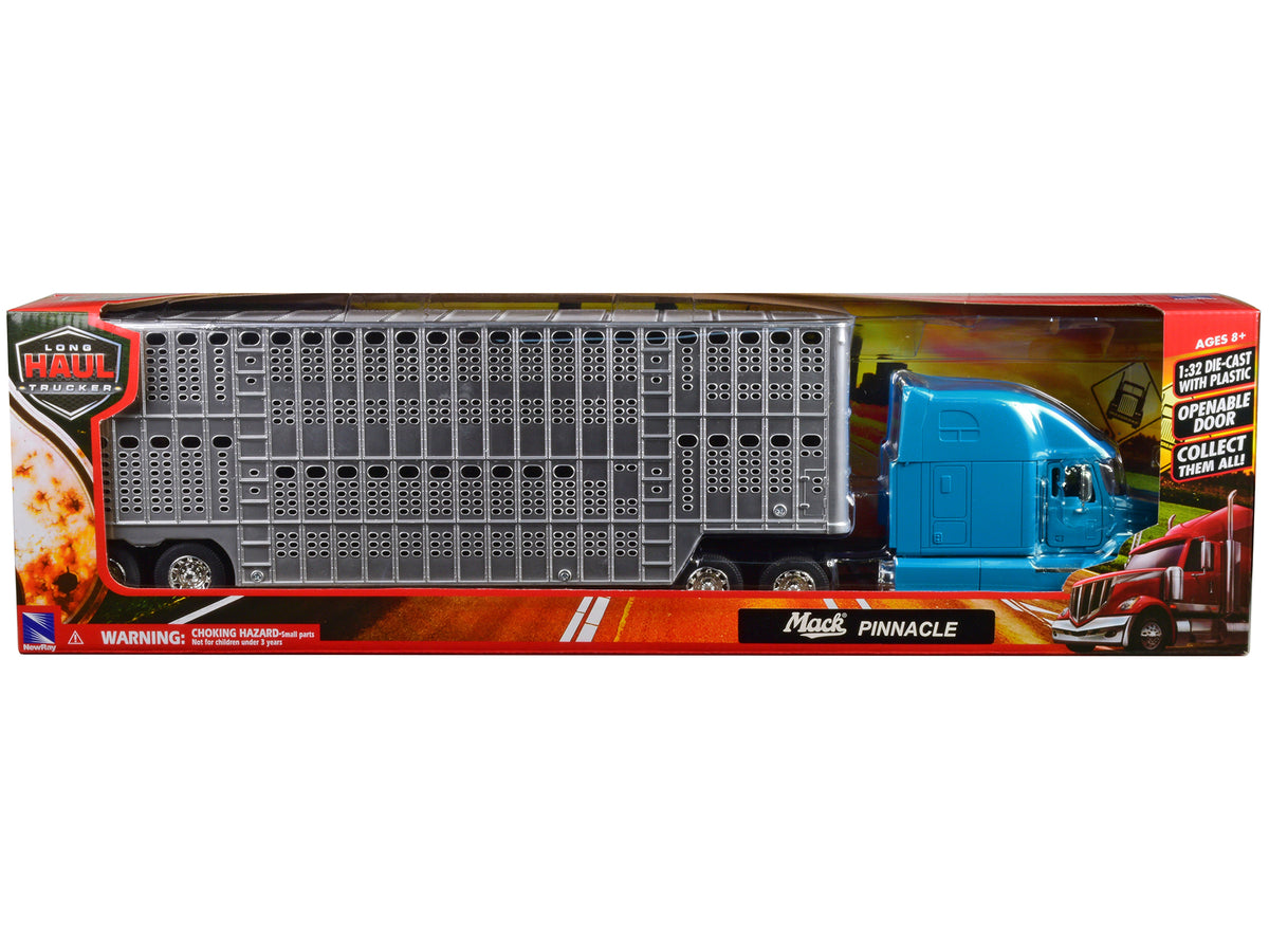 Mack Pinnacle Truck with Pot Belly Livestock Trailer Blue and Chrome "Long Haul Truckers" Series 1/32 Diecast Model